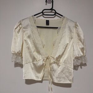 SHEIN Cream Satin Lace-Trim Tie-Front Blouse
